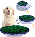 Blue adjustable dog snuffle mat with suction cups, used as a puzzle feeder for slow eating and mental stimulation.