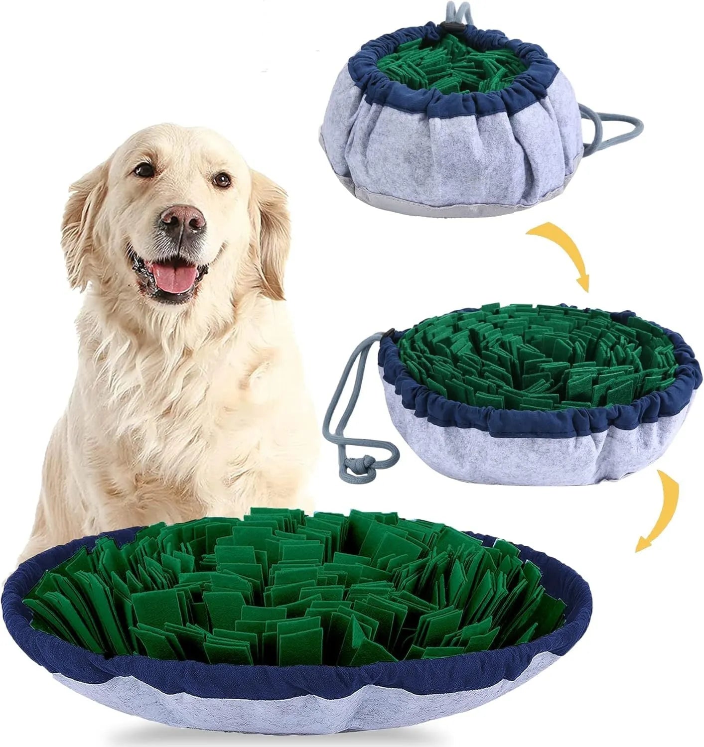 Blue adjustable dog snuffle mat with suction cups, used as a puzzle feeder for slow eating and mental stimulation.