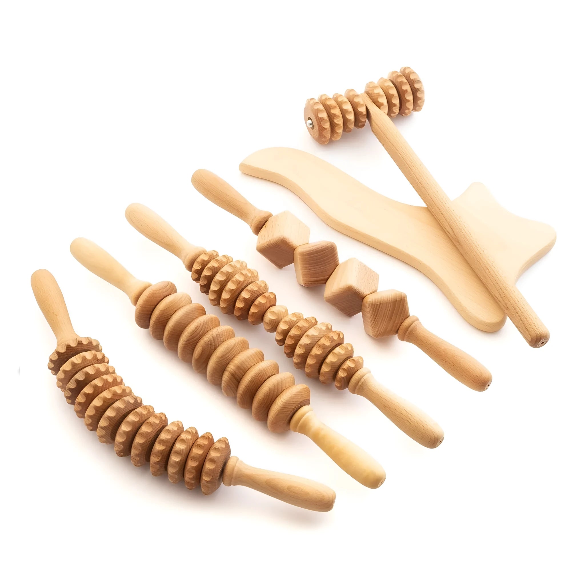 Beech wood massage roller set showing T-shaped, 9-wheel, 12-wheel straight, 12-wheel curved and 13-wheel designs