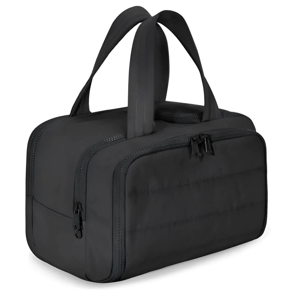 Large travel toiletry bag with wide-open design showing interior storage space