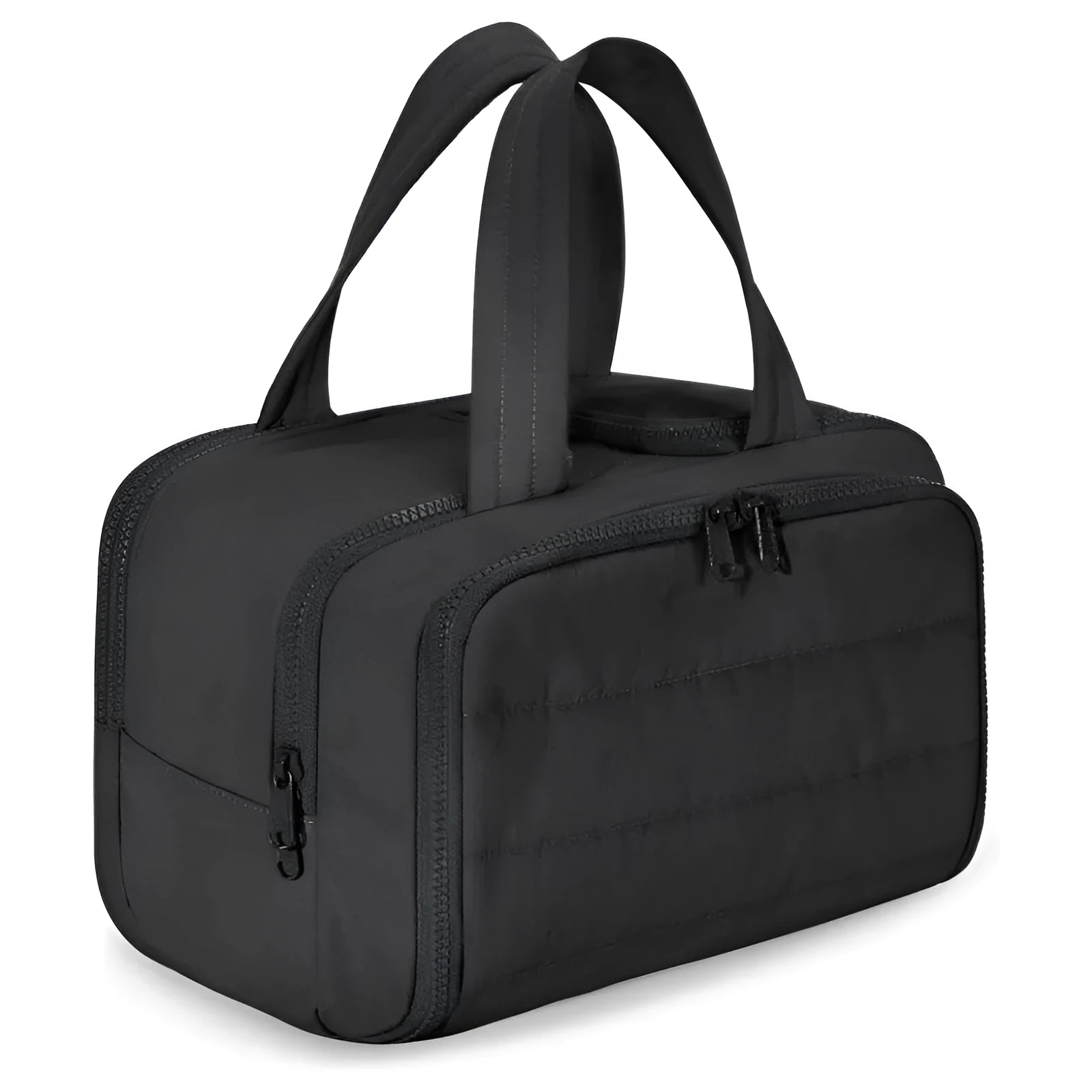 Large travel toiletry bag with wide-open design showing interior storage space