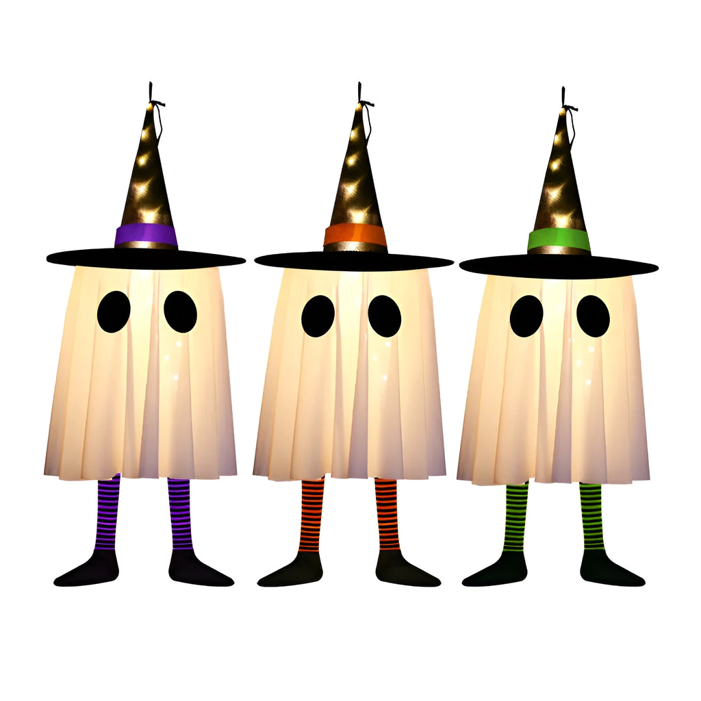 Halloween white LED light string with witch hat and ghost pendants for indoor decoration