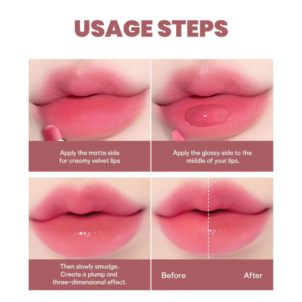 Double-headed lipstick and lip gloss cosmetic in 10 colour options with matte finish