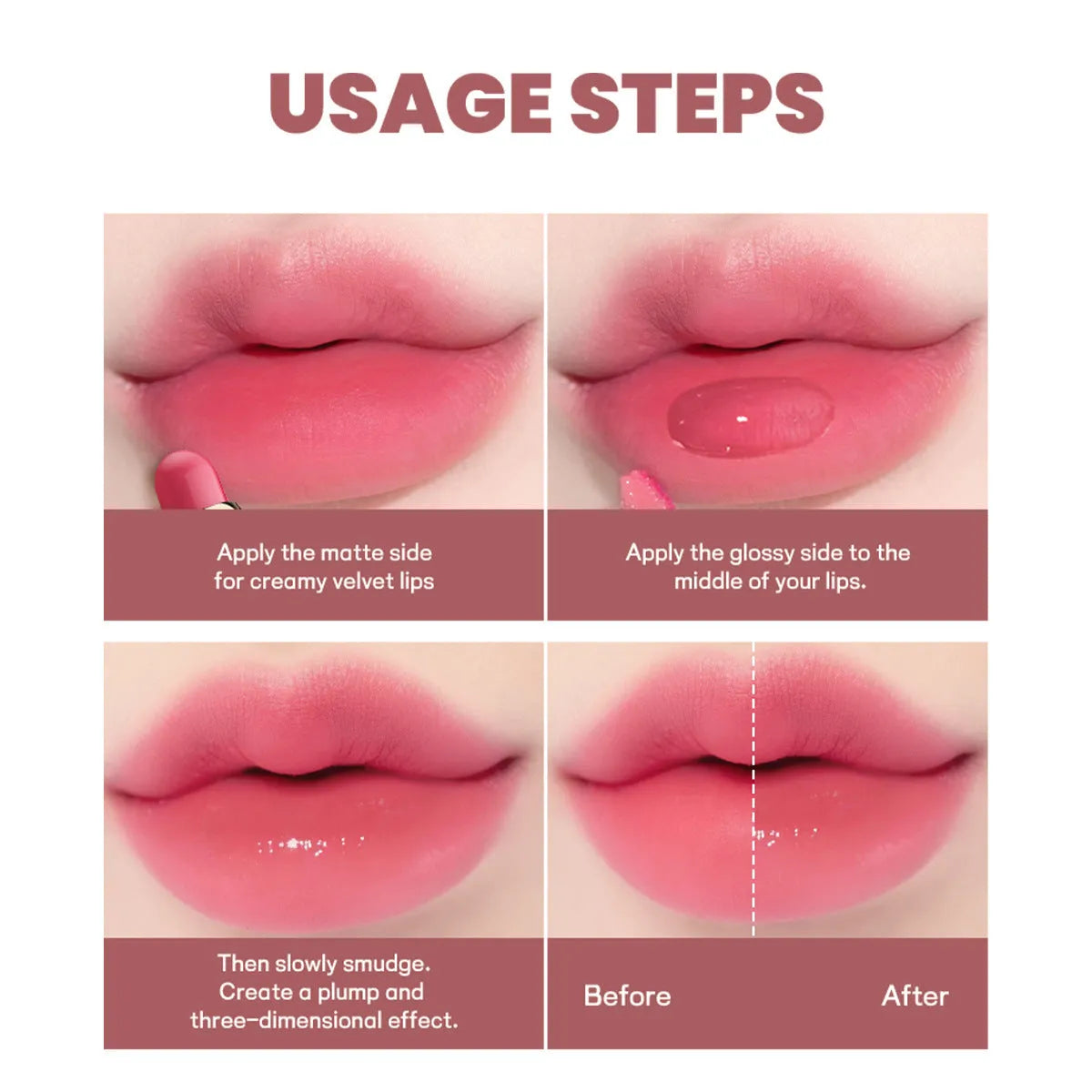Double-headed lipstick and lip gloss cosmetic in 10 colour options with matte finish