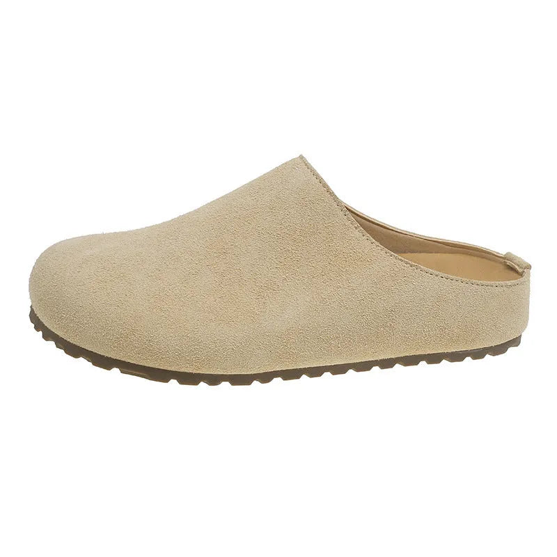 Korean-style square toe slippers in apricot colour with microfiber upper and slip-on design