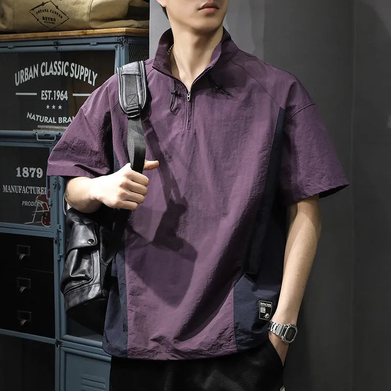 Men's brown ice silk business shirt with half-zip stand collar and short sleeves shown front view