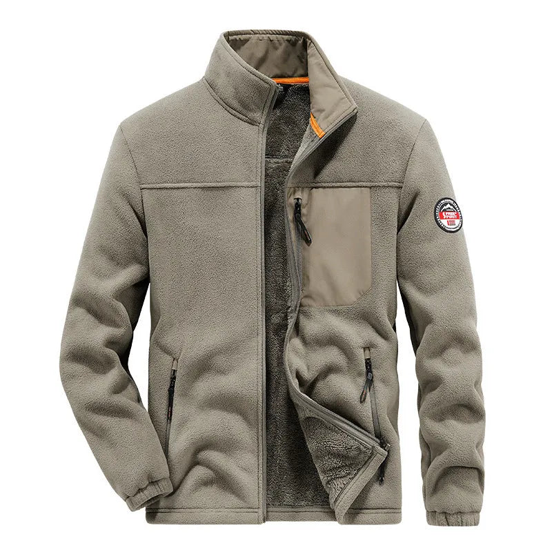 Men's grey fleece cardigan jacket with zipper pockets on a hanger.