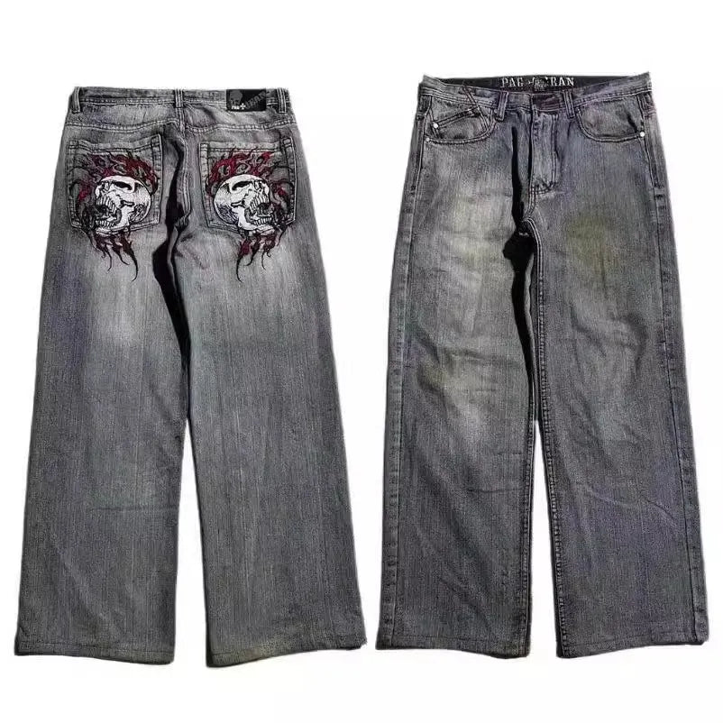 Men's grey washed-out straight-leg jeans with a wide-leg casual workwear design.