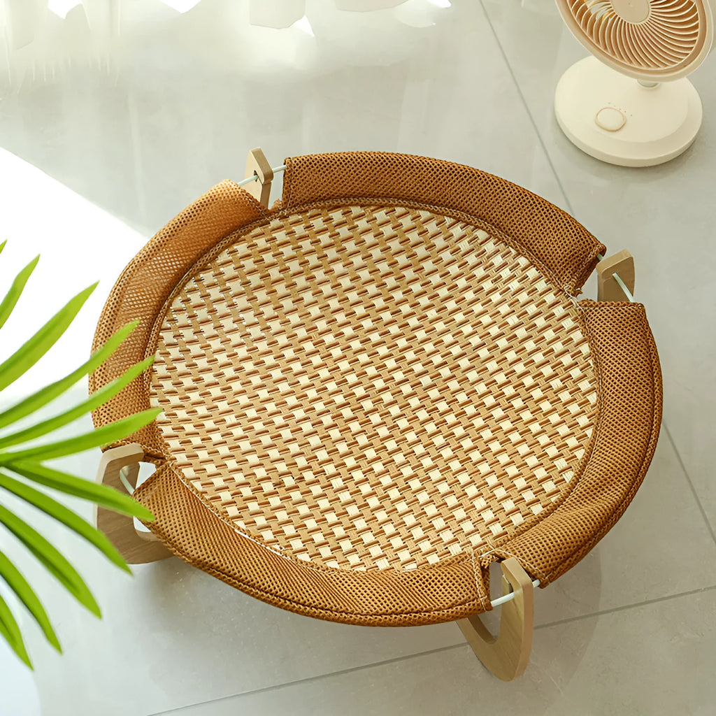 Brown woven rattan pet hammock measuring 46cm with raised sleeping platform for cats and small dogs