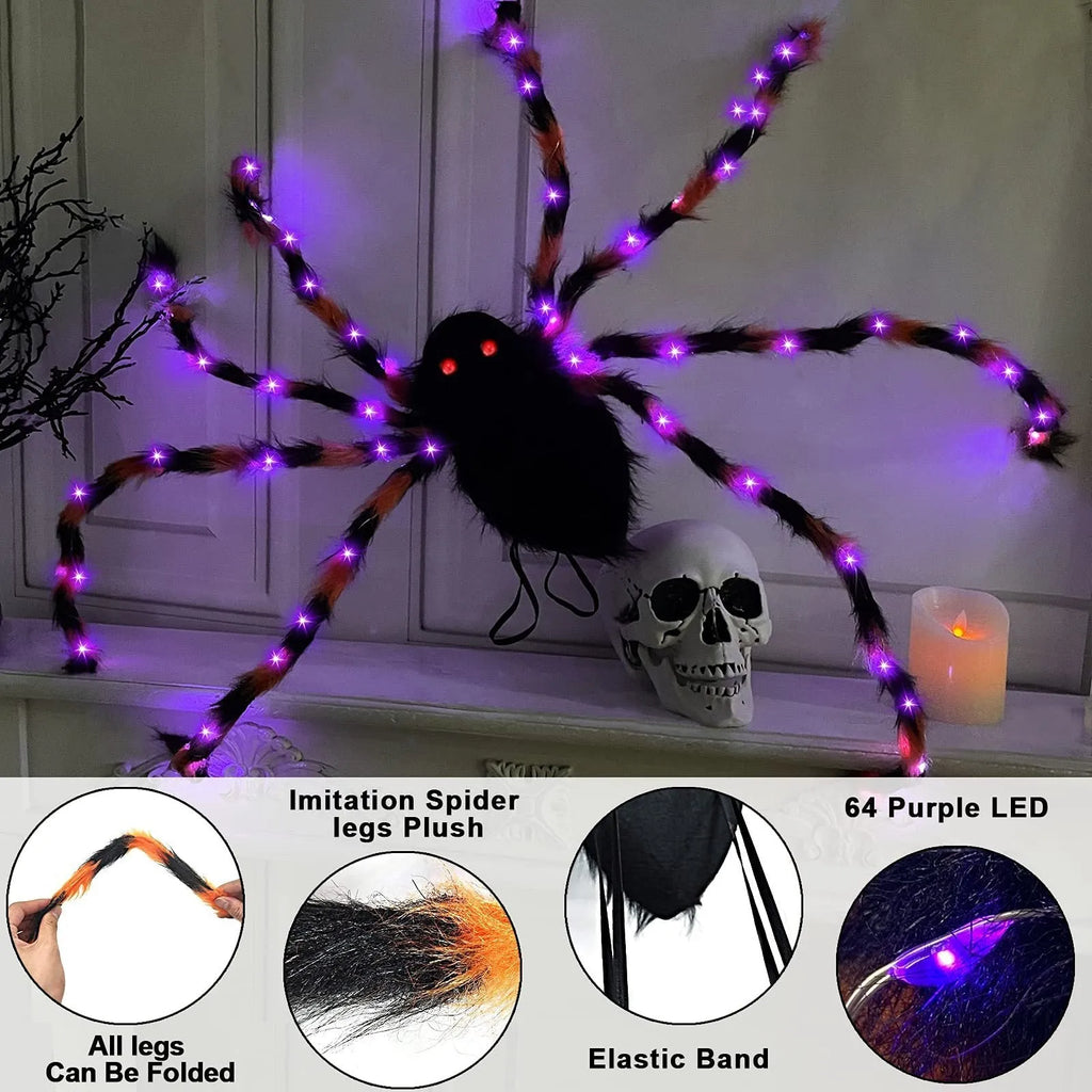 Halloween spider backpack with purple LED lights on plush sugar bag material