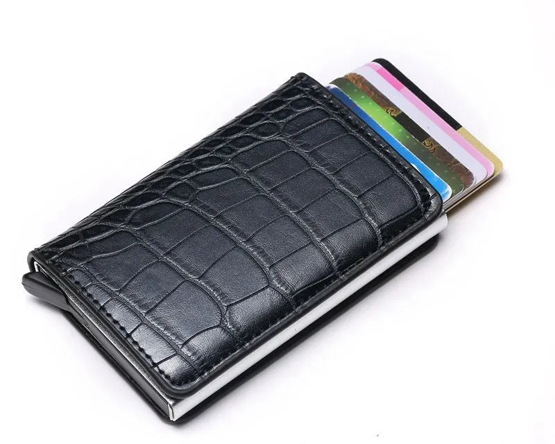 Pattern wallet with metal cartridge automatic pop-up in black polyurethane leather showing card slots