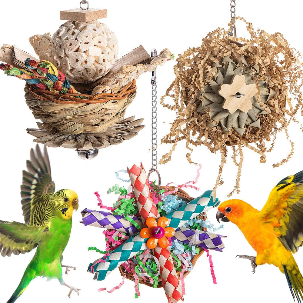 A wooden parrot gnawing toy for beak trimming and enrichment, shown with type options.