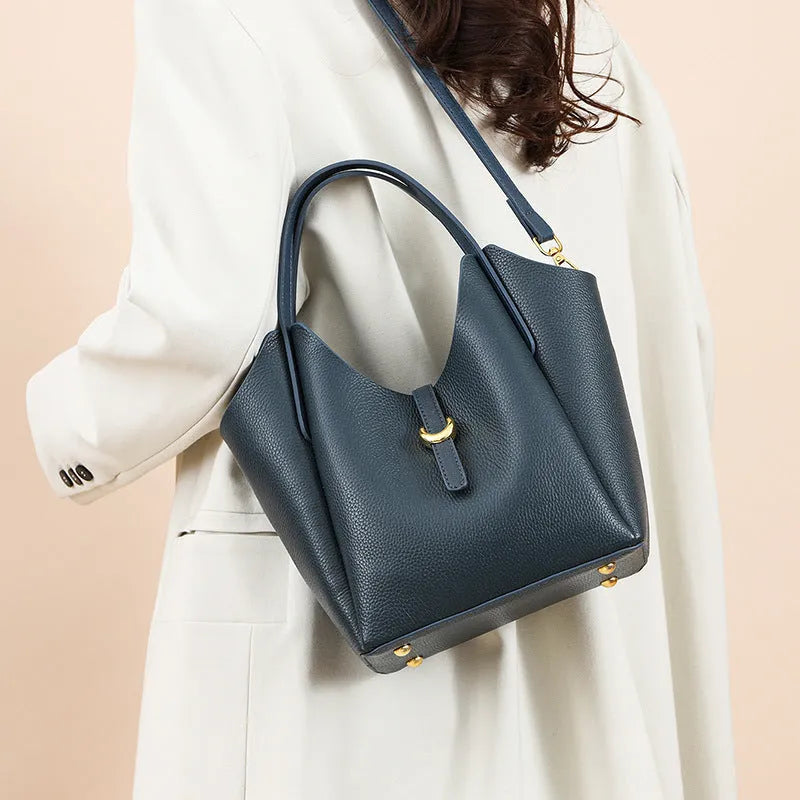 Women's genuine leather retro bucket bag with file compartment in lake blue colour