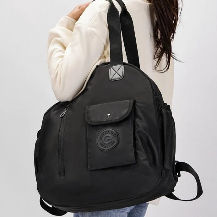 Outdoor large capacity nylon backpack in black with sandwich pockets and adjustable straps