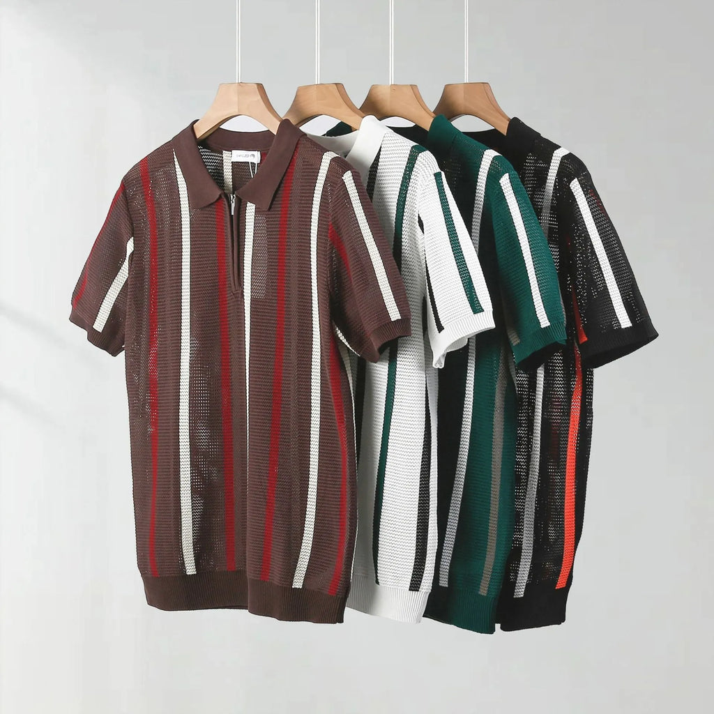 Short sleeve hollow mesh polo shirt in ice silk fabric with zipper details