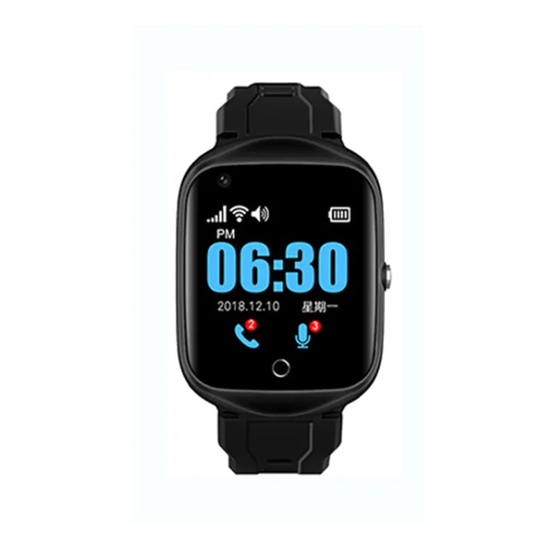 Black elderly smartwatch with square 1.3-inch screen and silicone strap for GPS safety tracking.