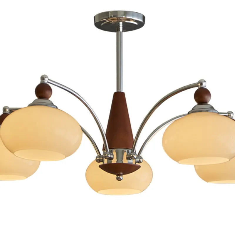 Middle Ancient style persimmon glass chandelier with chrome arms and milky white glass lampshades.