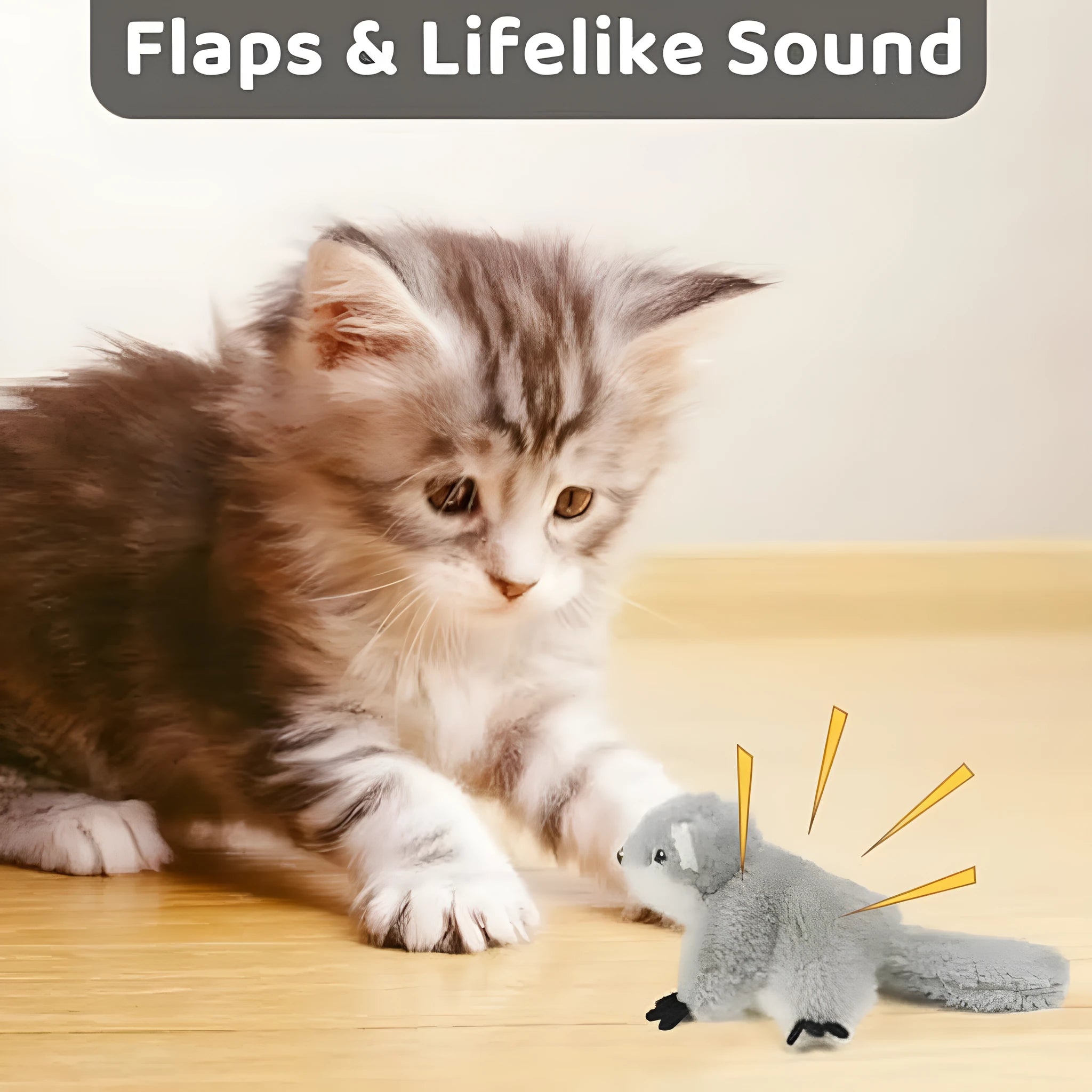 Grey flapping squirrel cat toy with touch activation and USB charging