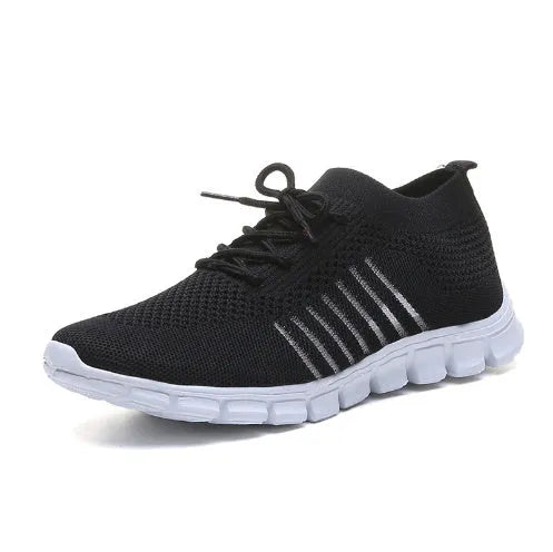Women's breathable high-top lace-up casual sneakers in black with rubber sole and flat heel