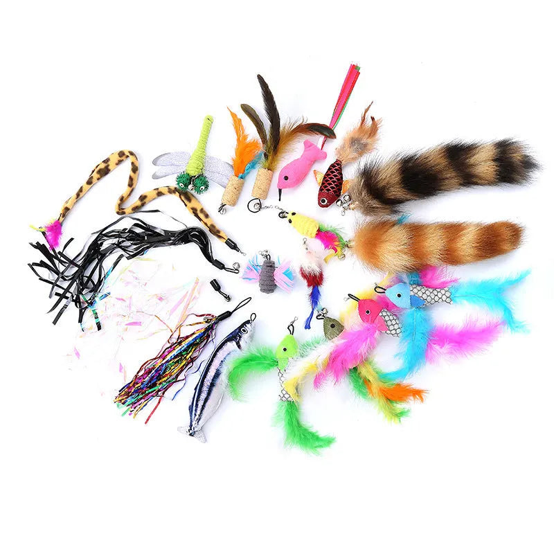 Cat teasing rod set with two fishing pole handles and ten colourful feather replacement heads
