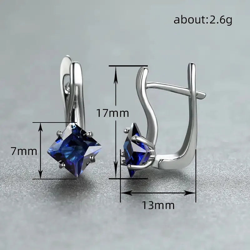 Women's diamond design copper earrings with inlaid blue zircon stones as decorative costume jewellery