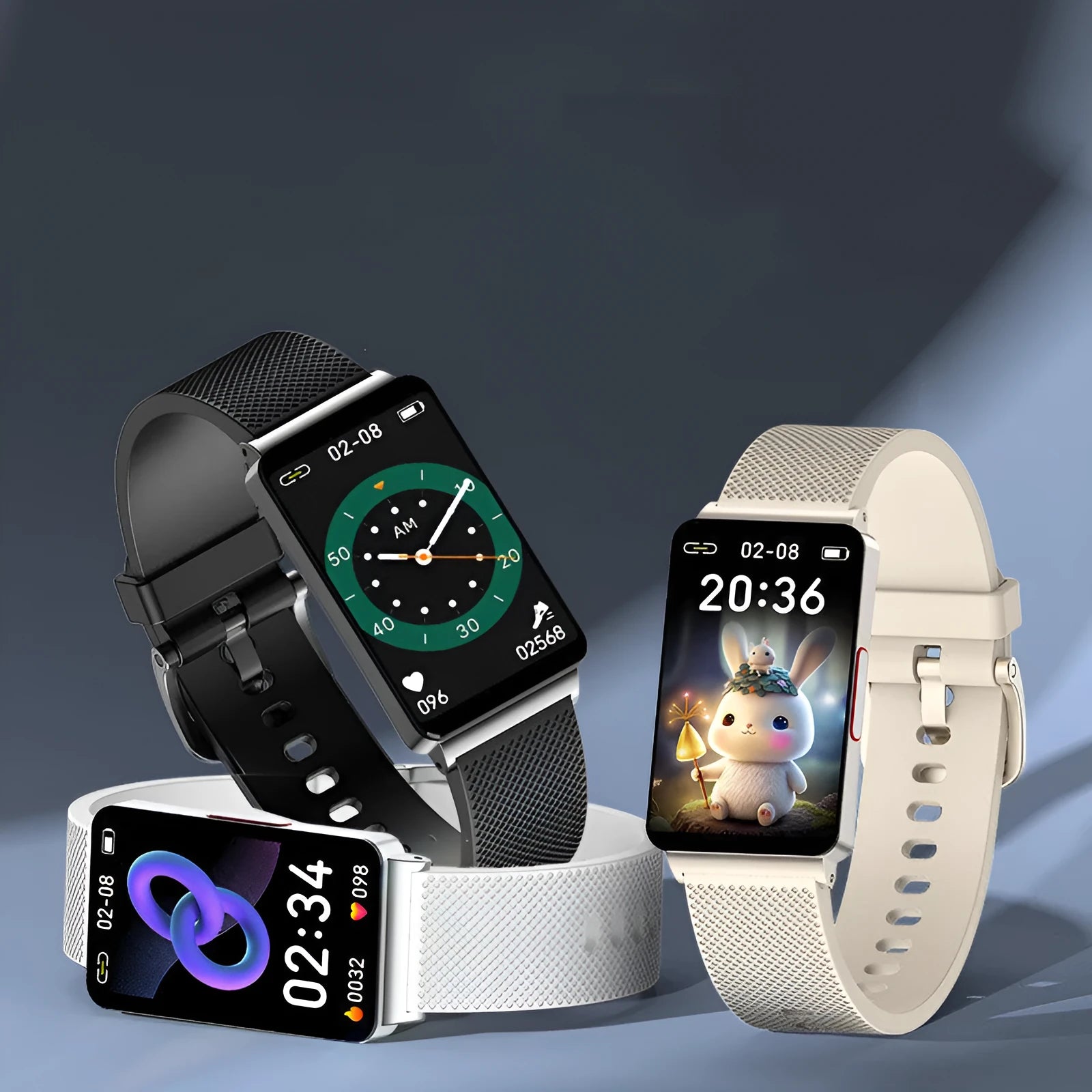 EP08 Smart Blood Glucose Monitoring Bracelet with touch screen and TPU strap in black, gold, or silver colours
