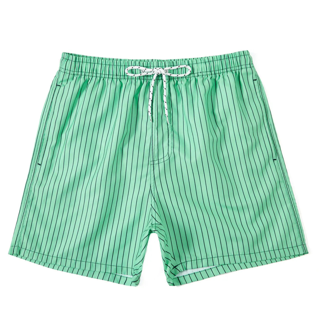 Navy blue striped beach shorts with straight legs on a mannequin.