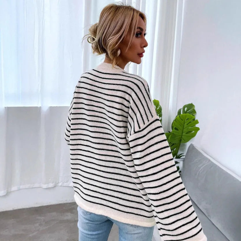 Black women's striped top with drop-shoulder sleeves and loose casual fit