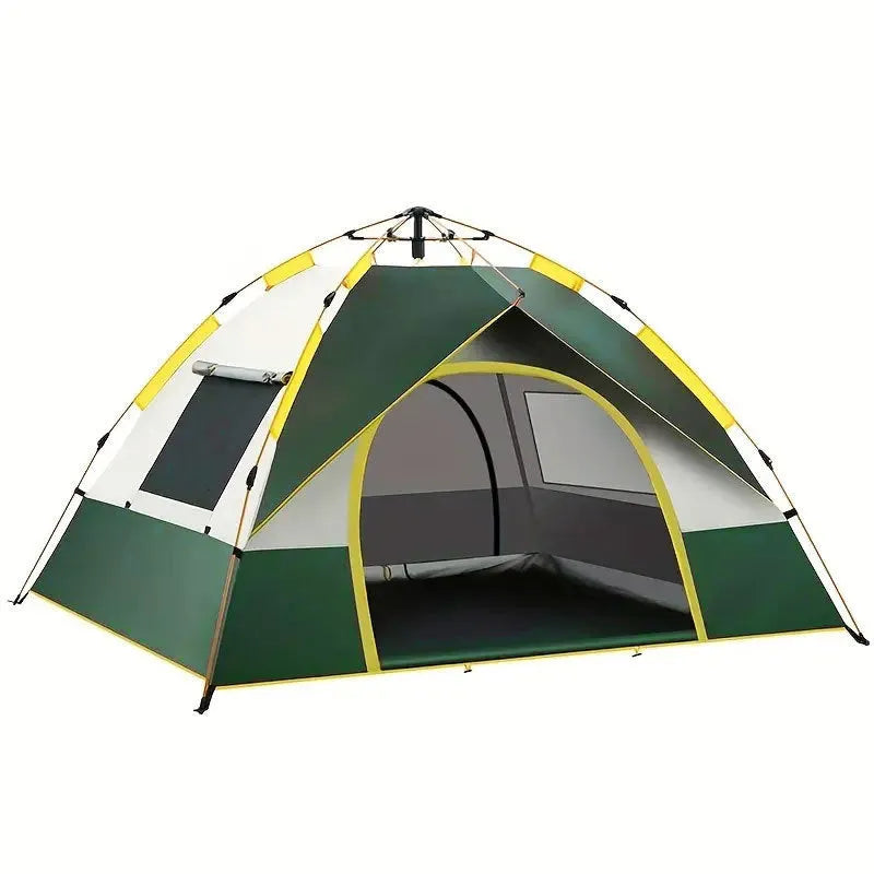Dark green silver glue automatic quick-open camping tent for 3-4 people, set up outdoors.
