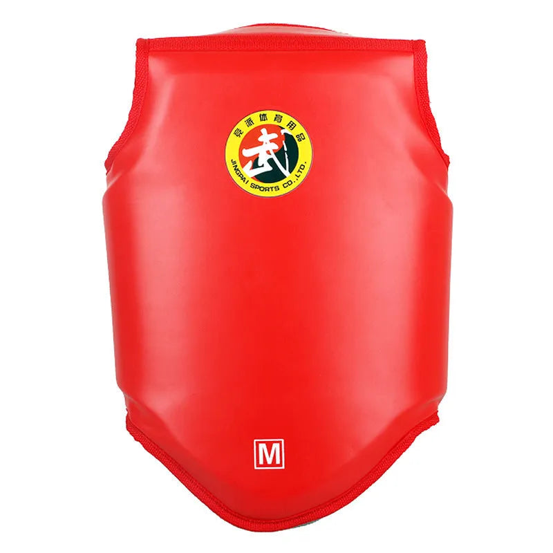 Red boxing helmet and chest protector set for martial arts training and competition