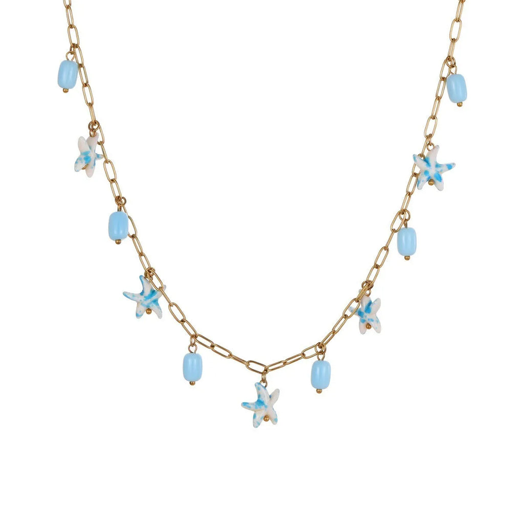 Colourful starfish stainless steel necklace and bracelet set in blue on white background