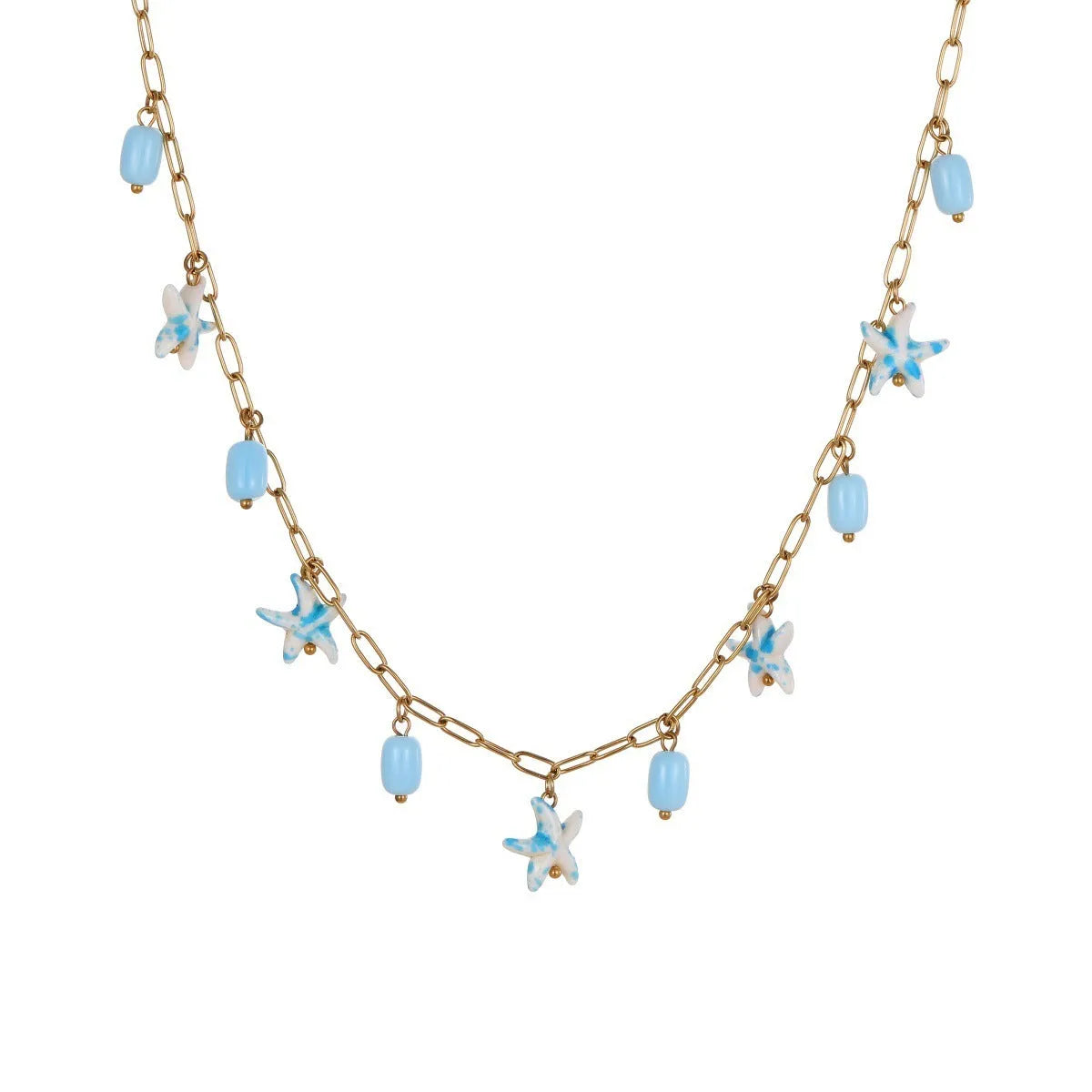 Colourful starfish stainless steel necklace and bracelet set in blue on white background
