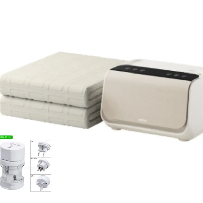 Aideng plush electric water blanket with smart host controller in white, showing two size options.