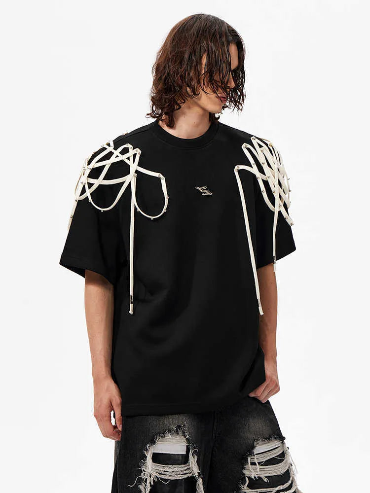 Black loose fit T-shirt with rivet ribbon padded shoulder details and short sleeves