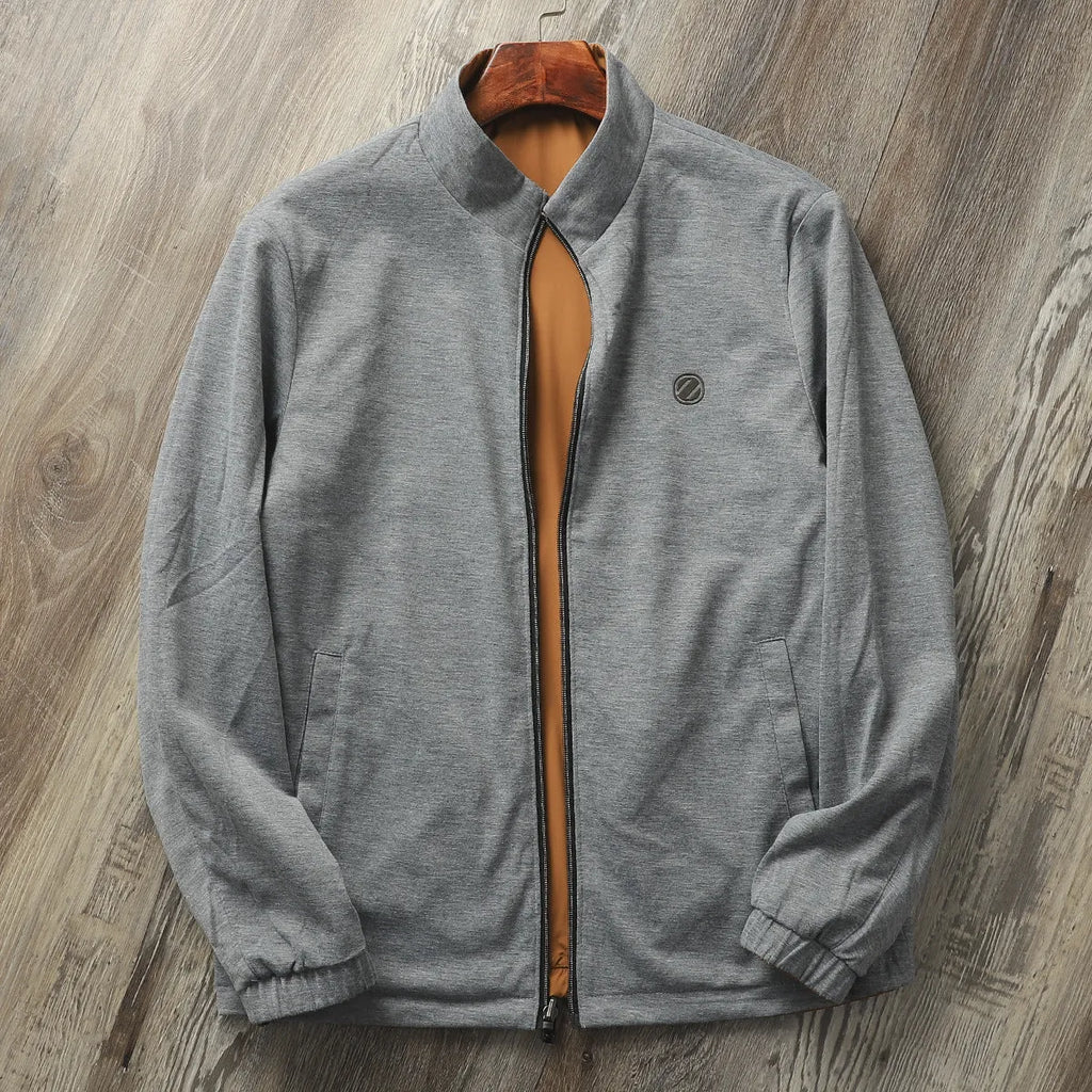 Men's stand collar casual jacket in polyester blend, shown in army green colour.