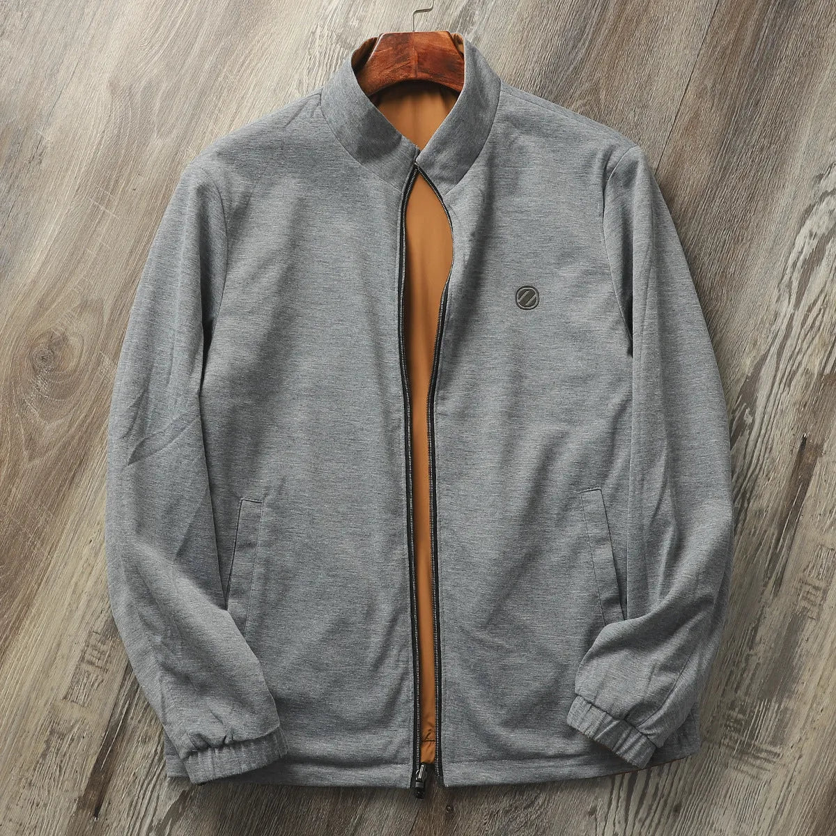 Men's stand collar casual jacket in polyester blend, shown in army green colour.
