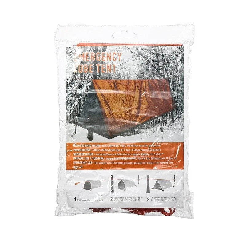 Portable disaster relief tent with emergency blanket and sleeping bag options orange and green colours