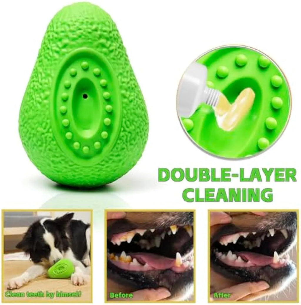 Green avocado-shaped natural rubber dog chew toy with textured surface for aggressive chewers