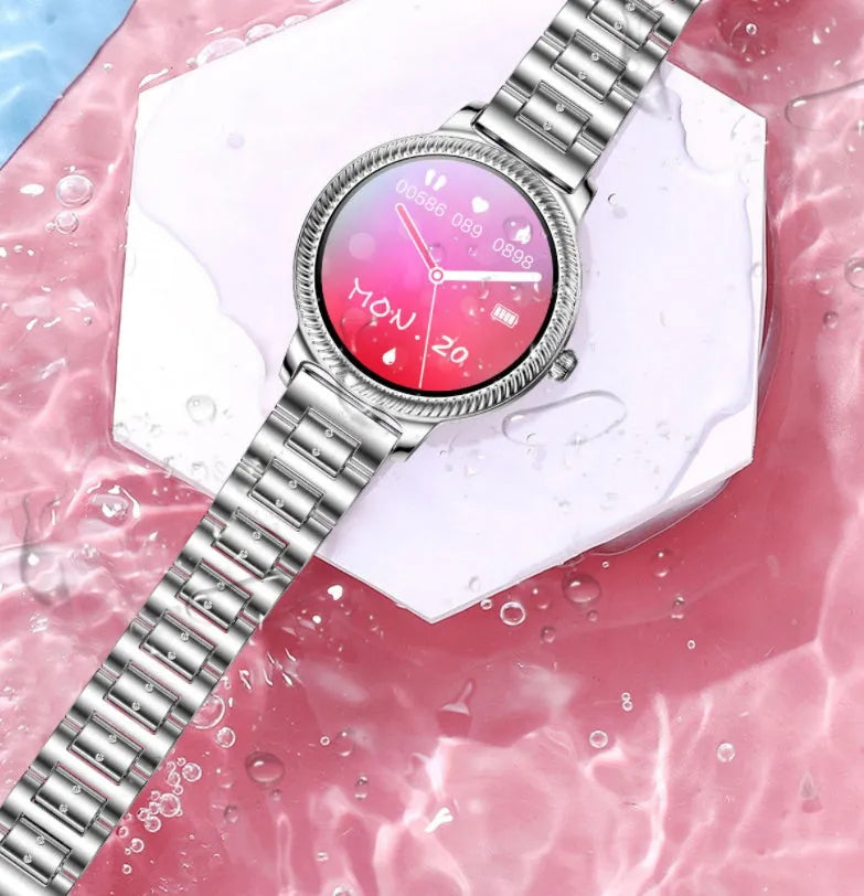 AK38 ladies smart watch with stainless steel bracelet and 1.09-inch colour touchscreen displaying smartphone notifications