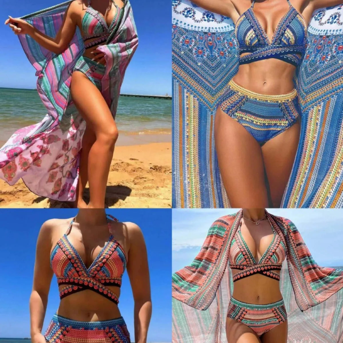 Blue red women's cross bandage bikini set with high waist briefs, veil inserts, and front split shorts.