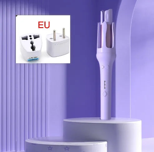 White automatic hair curler with 32mm barrel showing pink or purple colour accents and included power adapter