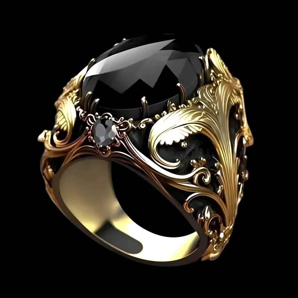 Men's silver alloy wide face ring with geometric pattern and imitation ink colour gemstone ornament