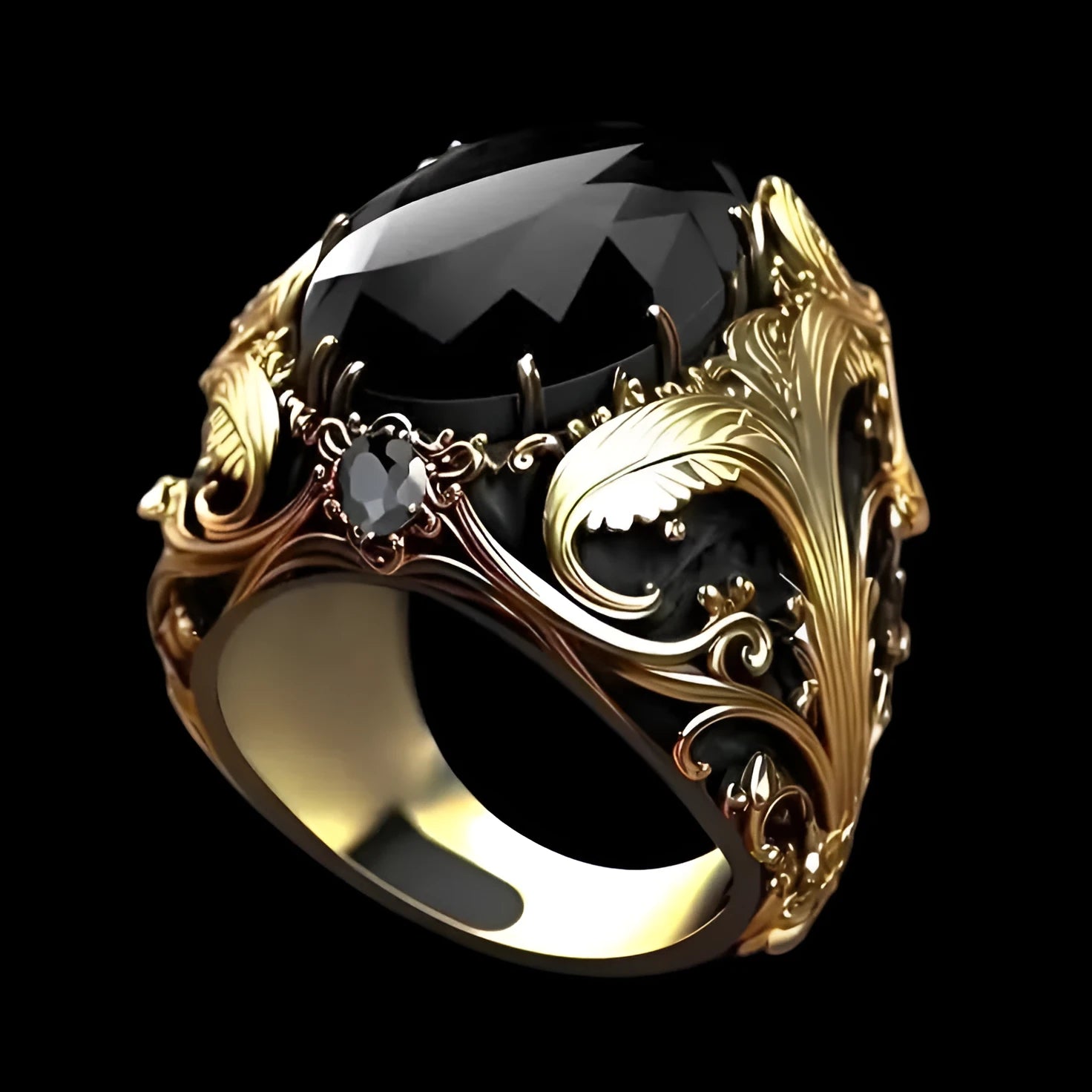 Men's silver alloy wide face ring with geometric pattern and imitation ink colour gemstone ornament