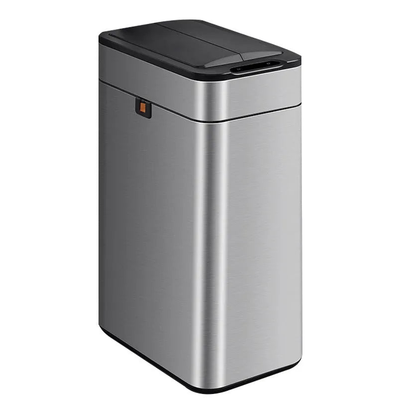 Inductive smart trash can in stainless steel with square bucket shape and deodorant function