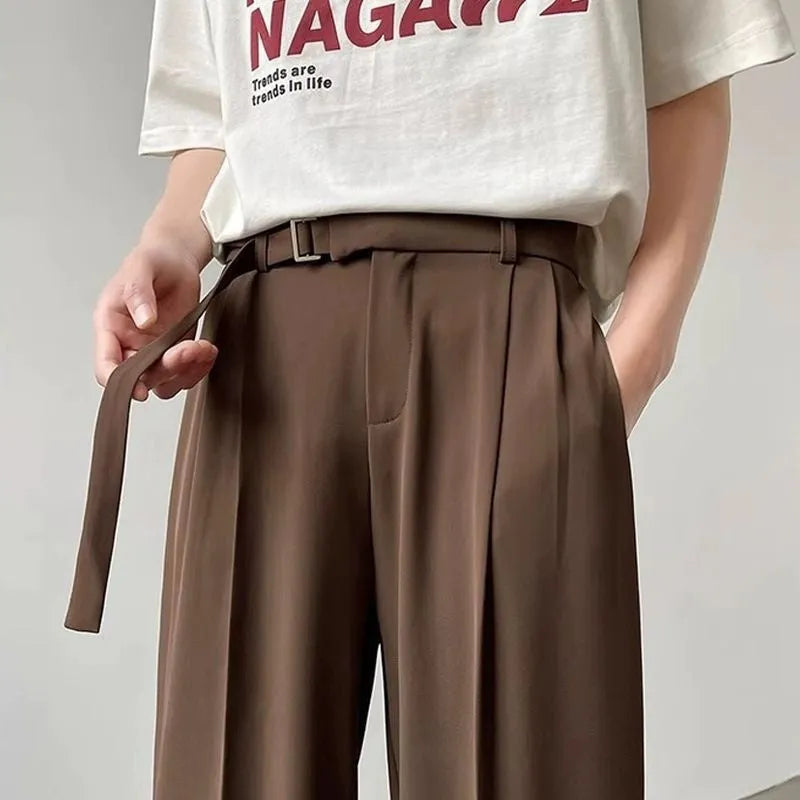 Thin straight black wide leg casual pants with loose fit and straight leg opening