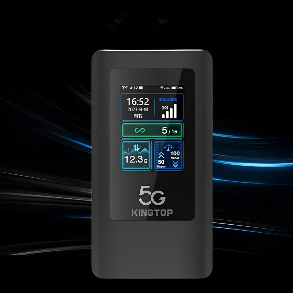 Black portable 5G Wi-Fi router with LCD screen showing connection status and battery level