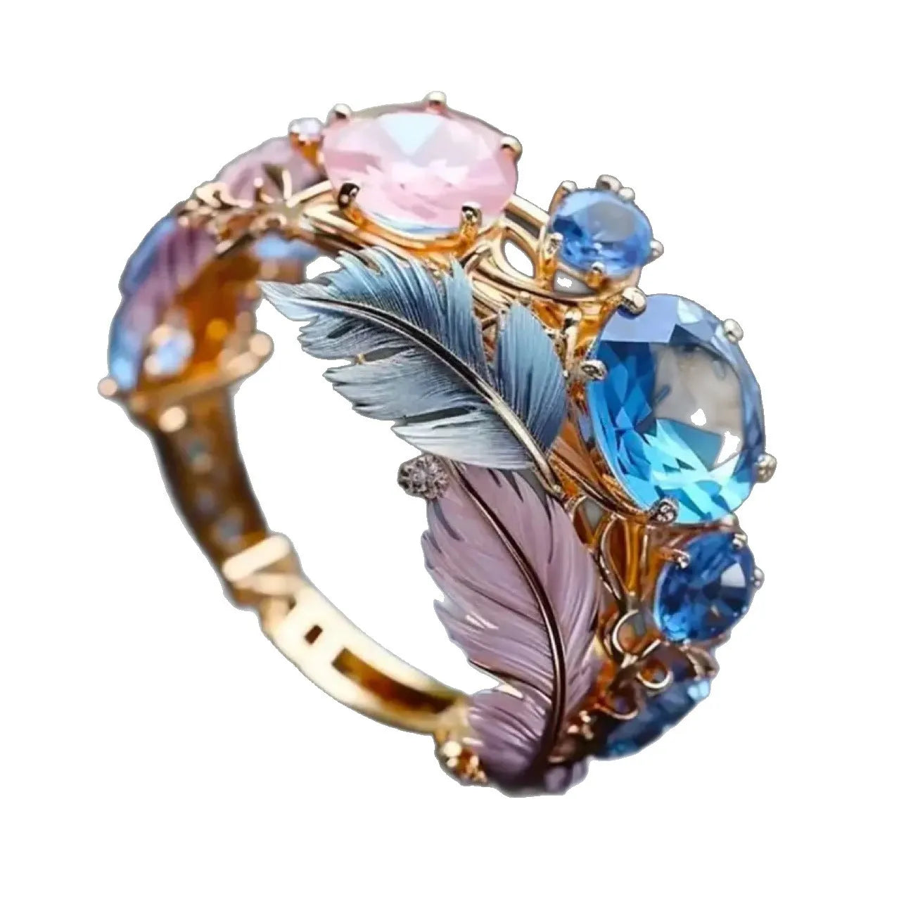 Gold-coloured geometric brass ring with an embossed colourful feather design and zircon inlay.