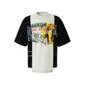 Black and white broken collage print on a loose-fit cotton blend t-shirt.