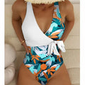 Women's high waist one-piece swimsuit in printed pattern, available in black or white.