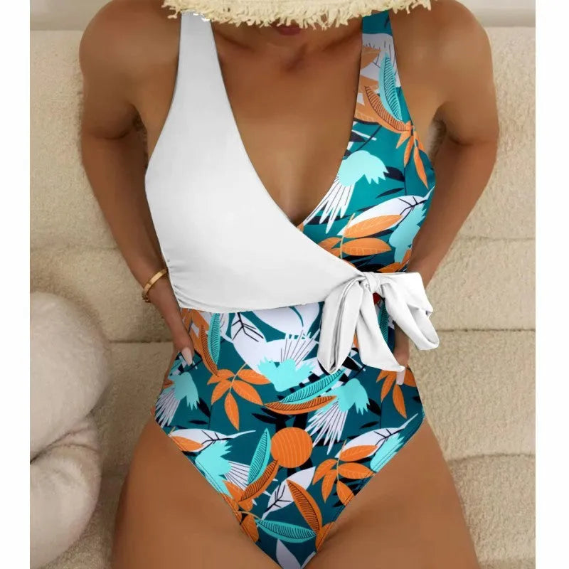 Women's high waist one-piece swimsuit in printed pattern, available in black or white.